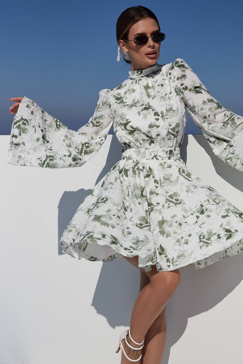 Платье Валентина шифоновое в растительный принт с открытой спиной белое, Белый, XS