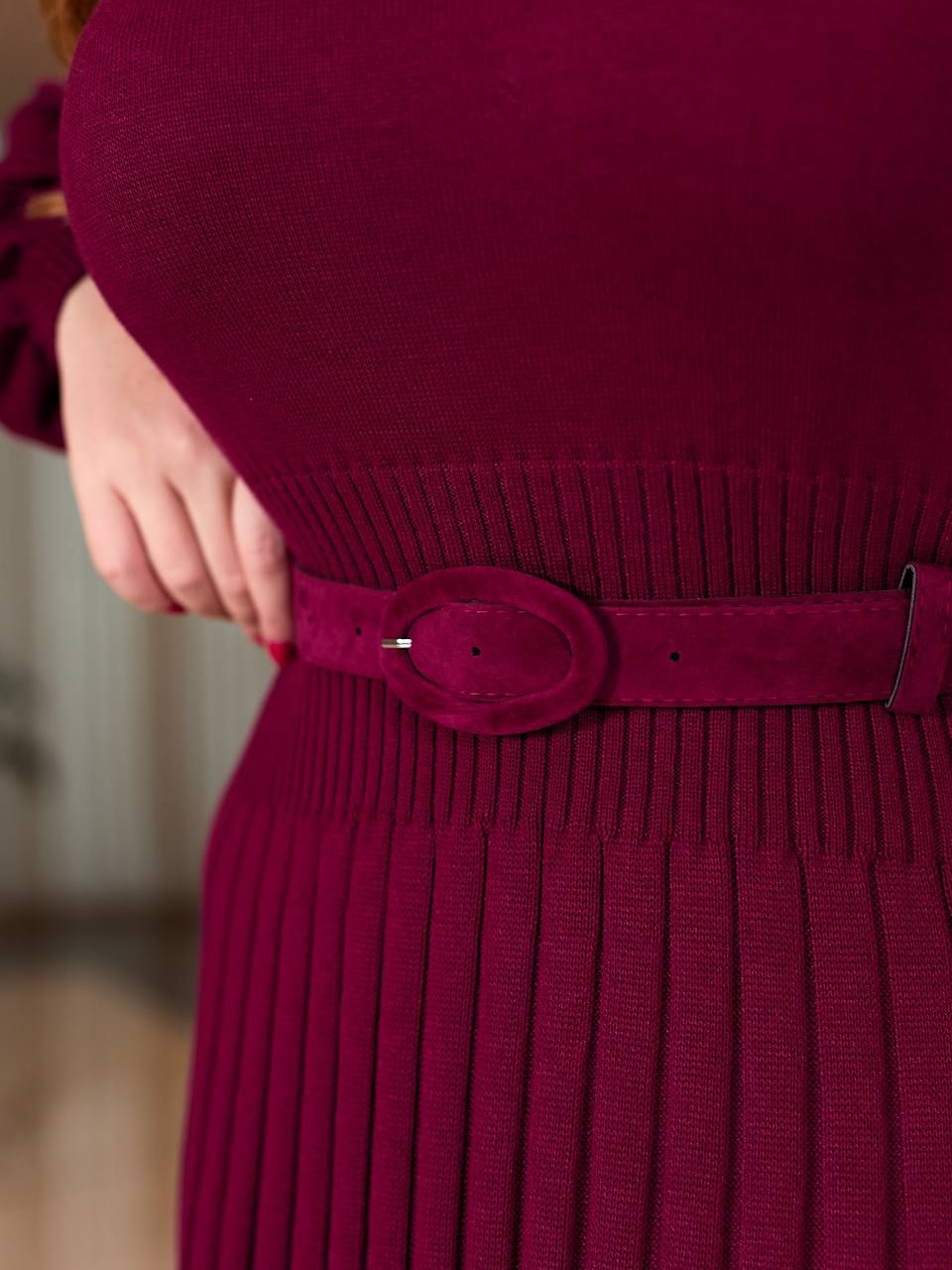Платье вязаное с юбкой плиссе бордовое, Бордовый, универсальный (S-L)