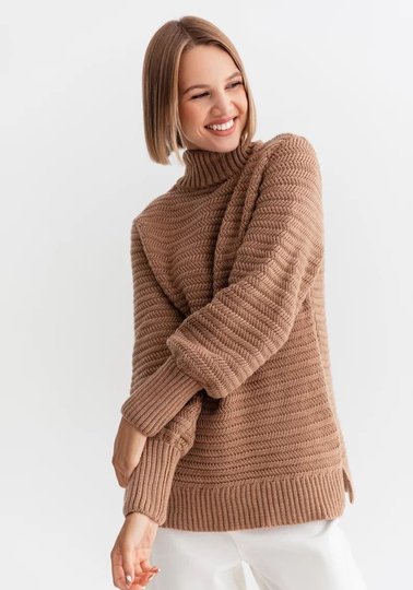 Оригинальный вязаный свитер с боковыми разрезами  кемел, Кэмел, Xs-M