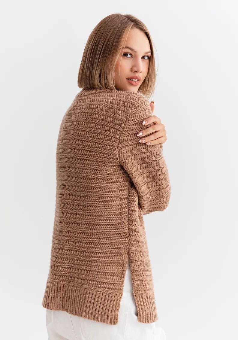 Оригинальный вязаный свитер с боковыми разрезами  кемел, Кэмел, Xs-M