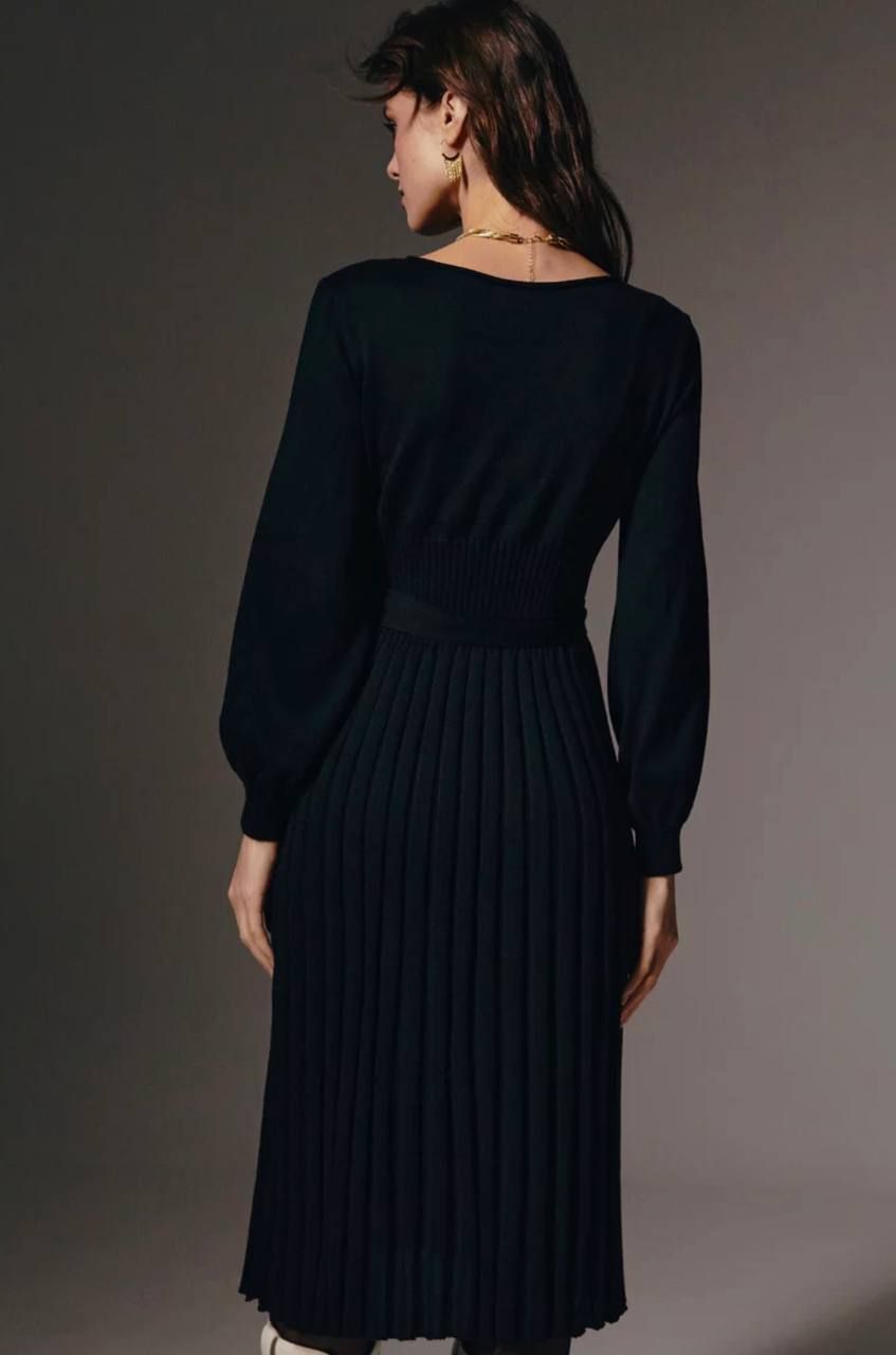 Платье трикотаж с юбкой плиссе однотон черная, Черный, универсальный (S-L)