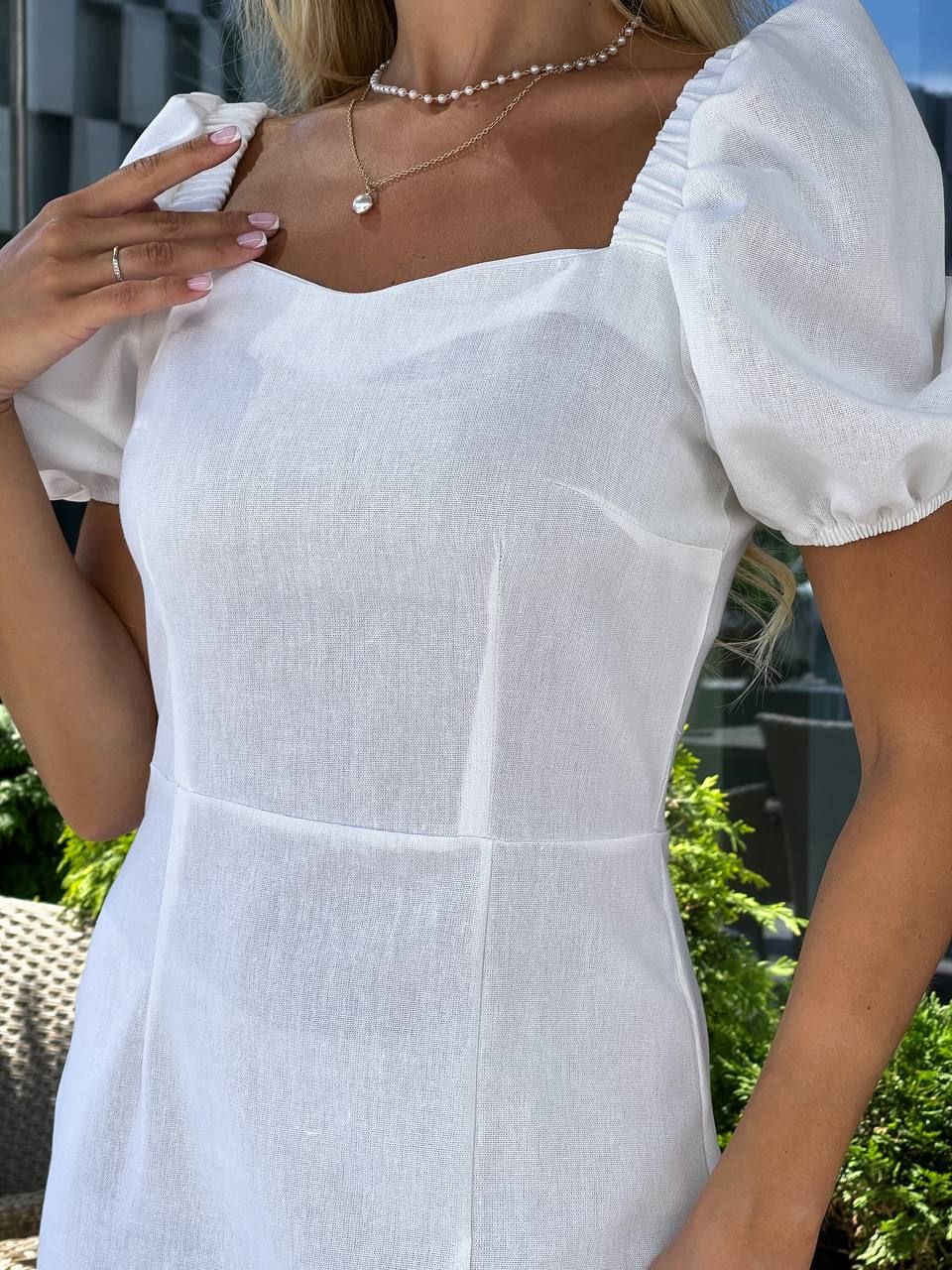 Льняное платье с разрезом белое, Белый, S