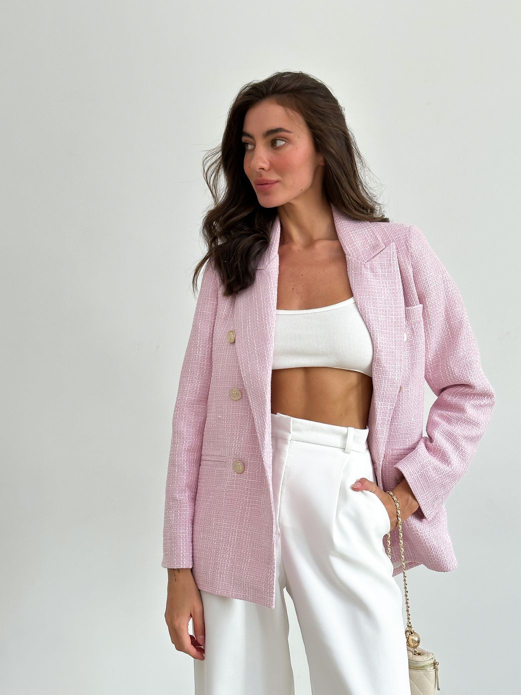 Стильный твидовый пиджак нежно-розовый, Розовый, S