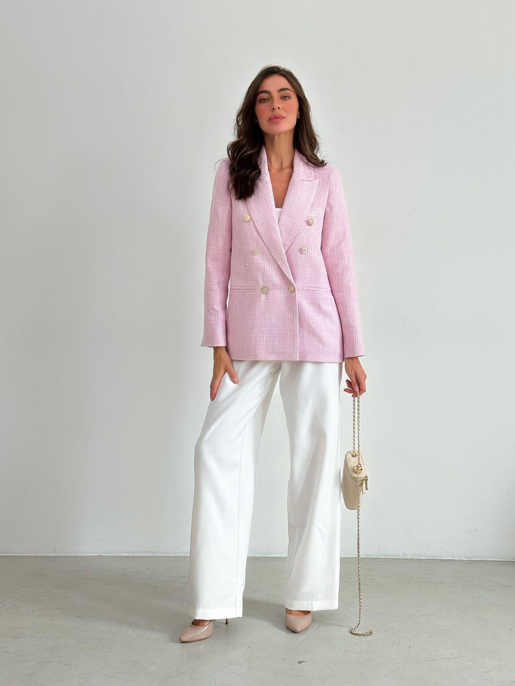 Стильный твидовый пиджак нежно-розовый, Розовый, M