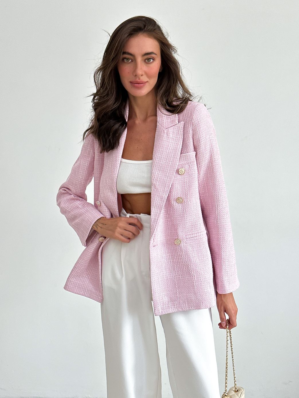 Стильный твидовый пиджак нежно-розовый, Розовый, S
