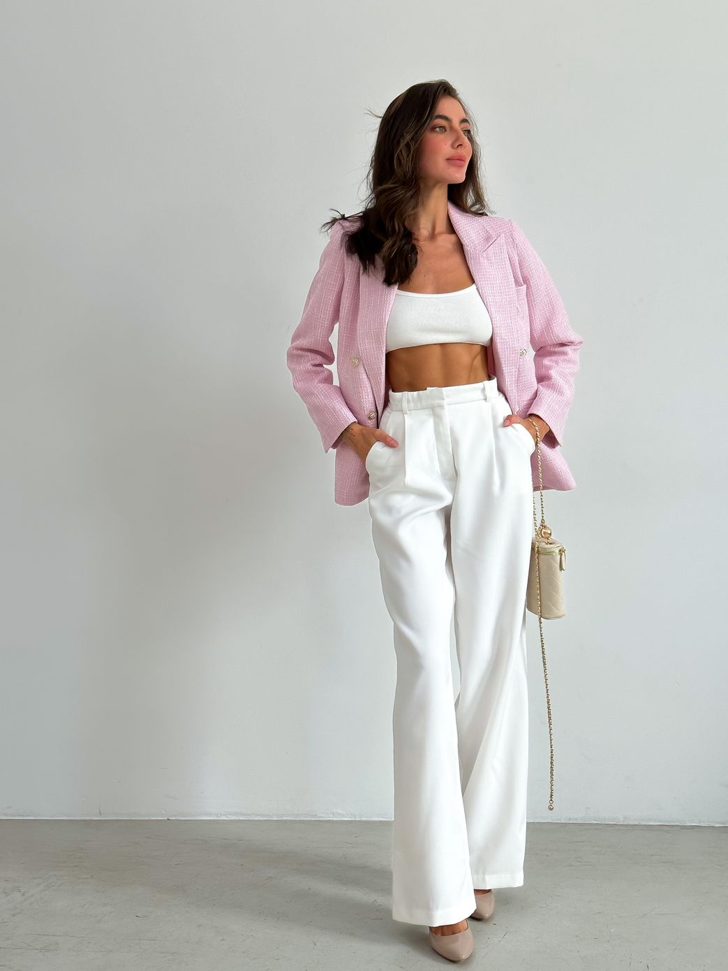 Стильний твідовий піджак ніжно-рожевий, Рожевий, M