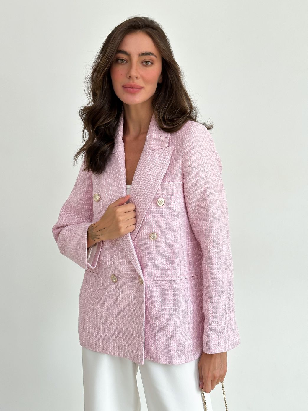 Стильный твидовый пиджак нежно-розовый, Розовый, M